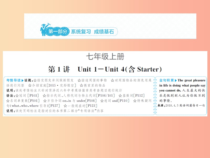 山东省菏泽市2019年中考英语总复习第一部分系统复习成绩基石七上第1讲Unit1_4含Starter课件.ppt_第1页