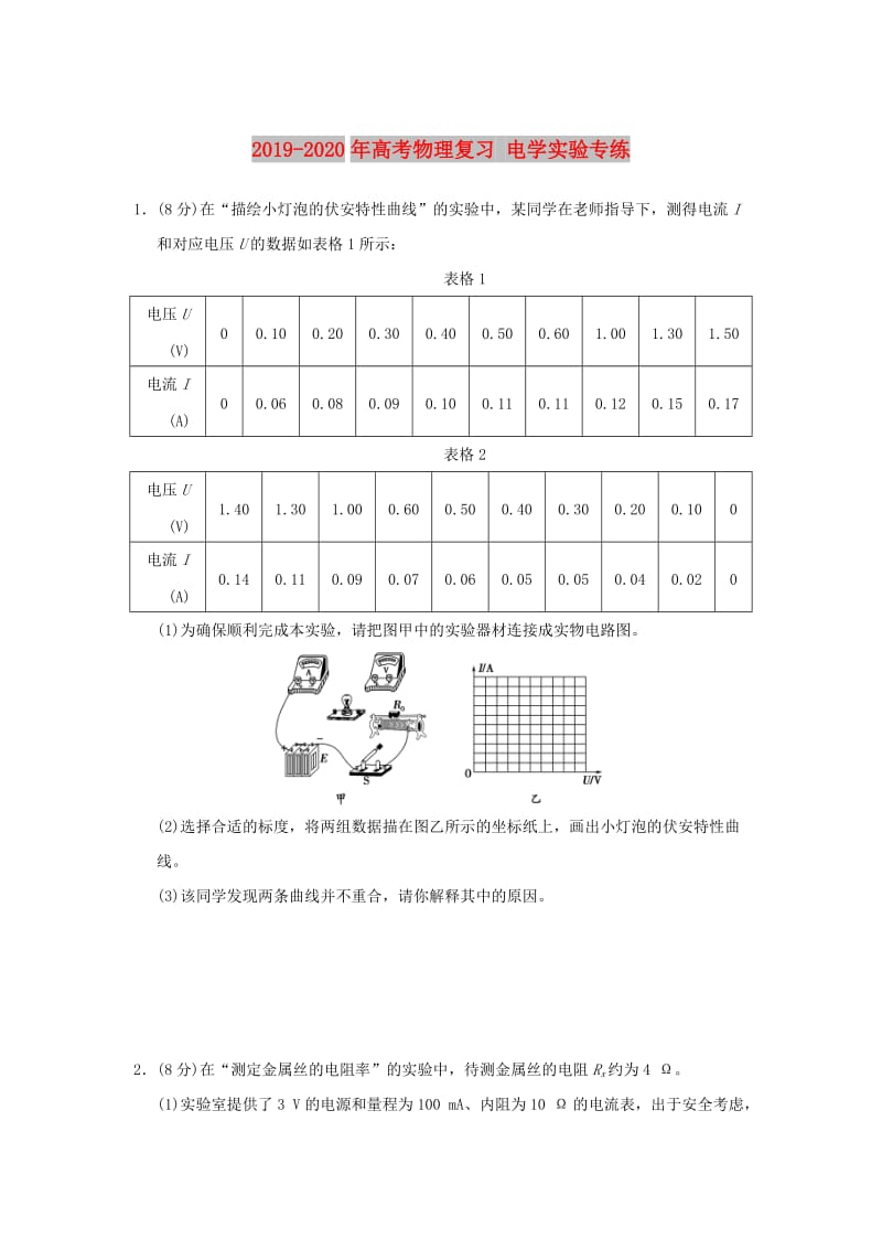 2019-2020年高考物理复习 电学实验专练.doc_第1页