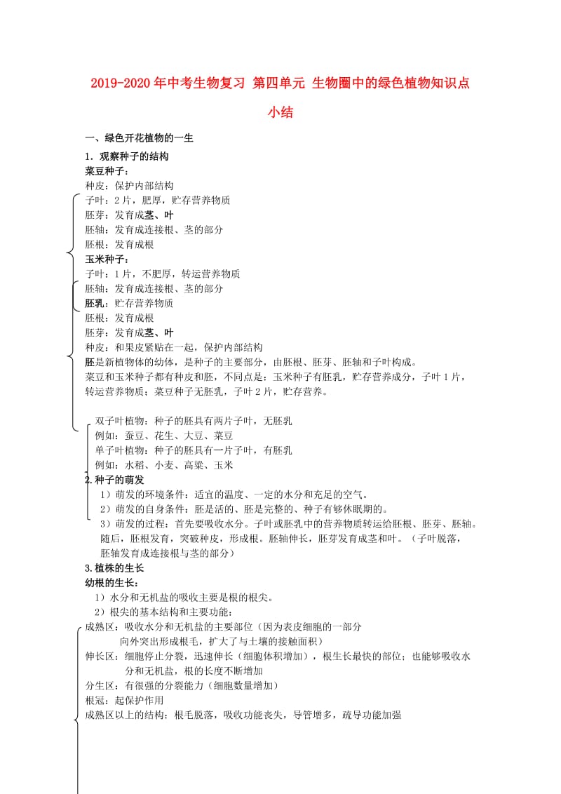 2019-2020年中考生物复习 第四单元 生物圈中的绿色植物知识点小结.doc_第1页