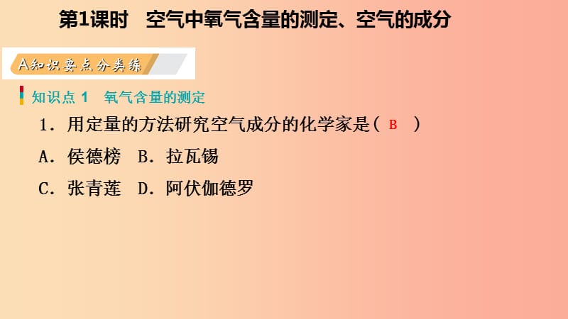 九年级化学上册第二章空气物质的构成2.1空气的成分第1课时空气中氧气含量的测定空气的成分练习新版粤教版.ppt_第2页