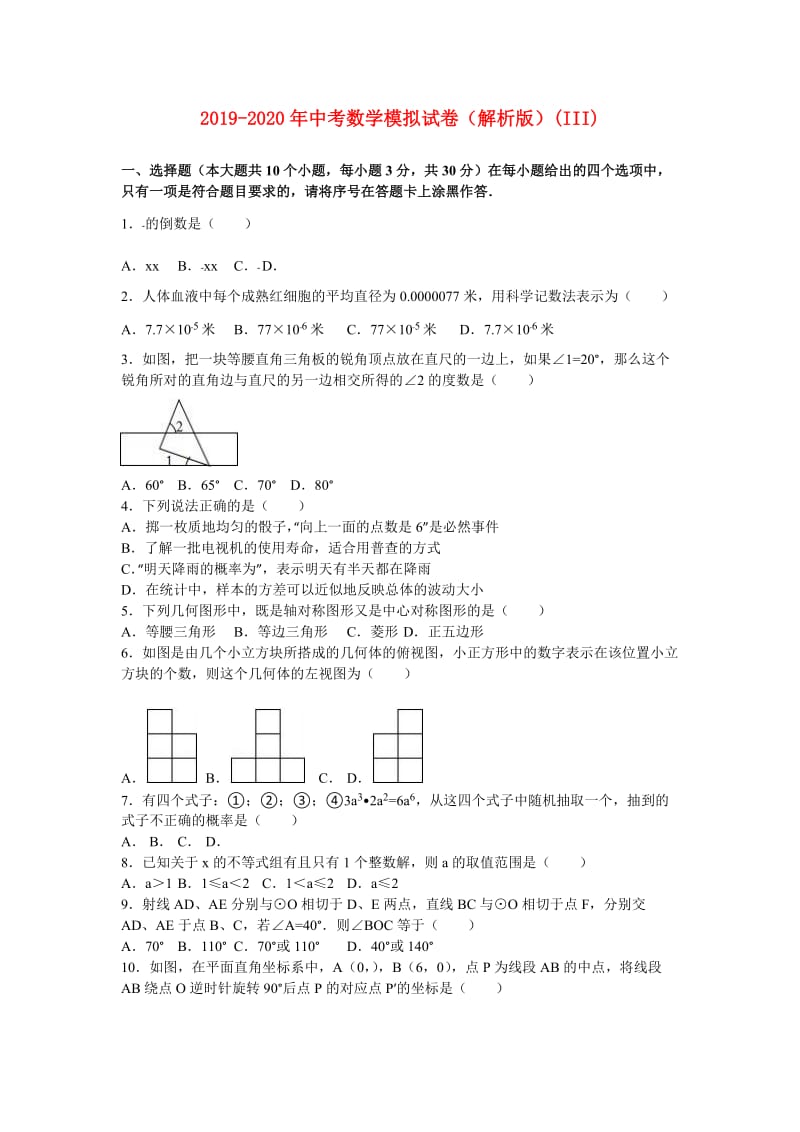 2019-2020年中考数学模拟试卷（解析版）(III).doc_第1页