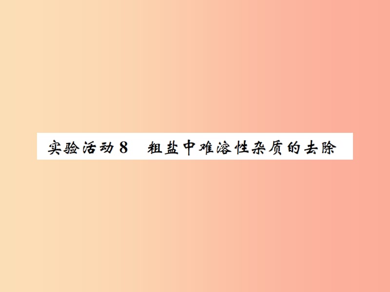 河南省2019年秋九年级化学下册 第十一单元 盐 化肥 实验活动8 粗盐中难溶性杂质的去除课件 新人教版.ppt_第1页