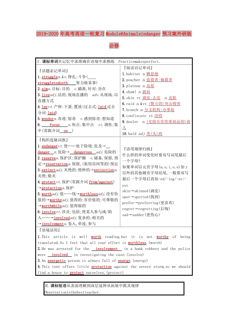 2019-2020年高考英语一轮复习Module6Animalsindanger预习案外研版必修.doc_第1页