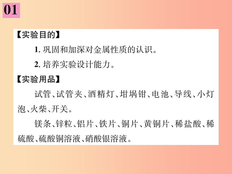 九年级化学下册 第八单元 金属和金属材料 实验活动4 金属的物理性质和某些化学性质复习课件 新人教版.ppt_第2页