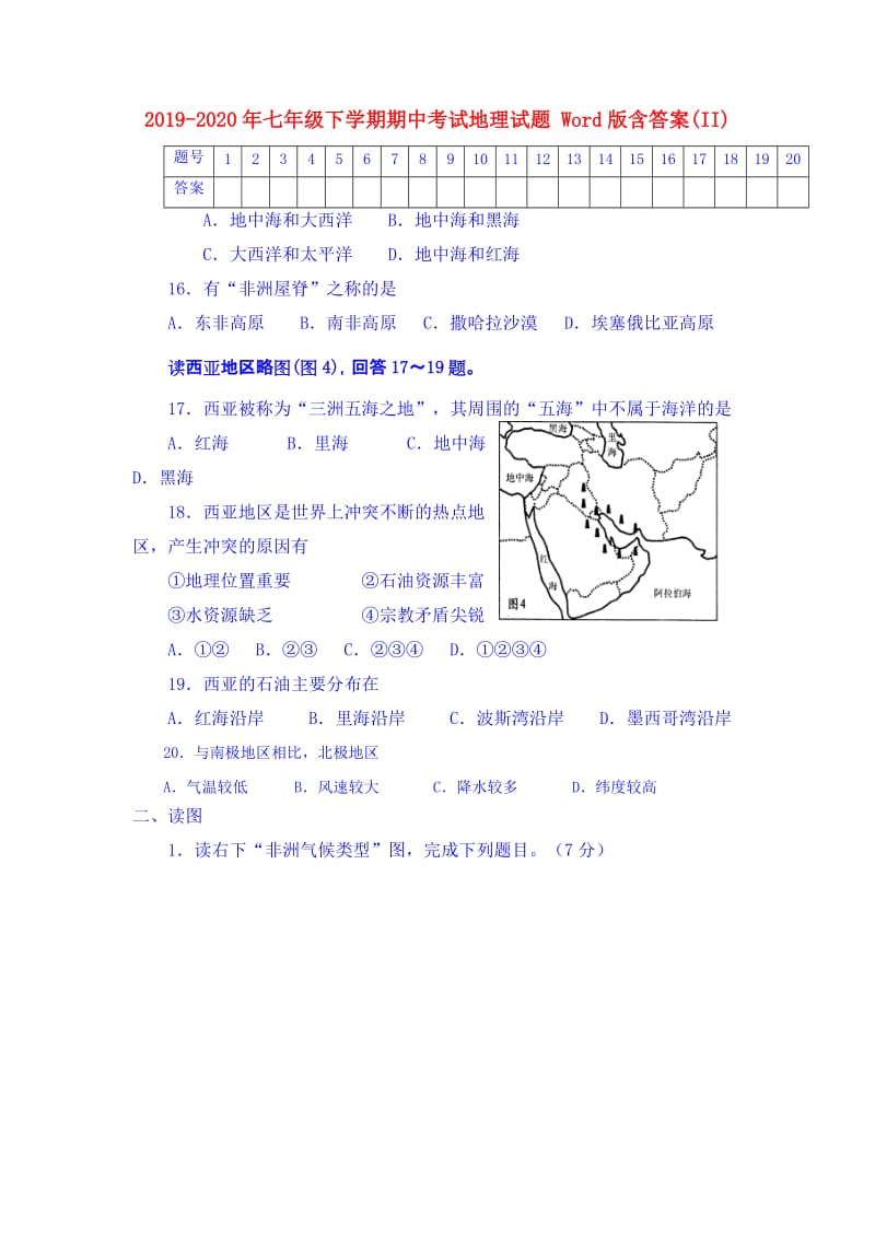 2019-2020年七年级下学期期中考试地理试题 Word版含答案(II).doc_第1页