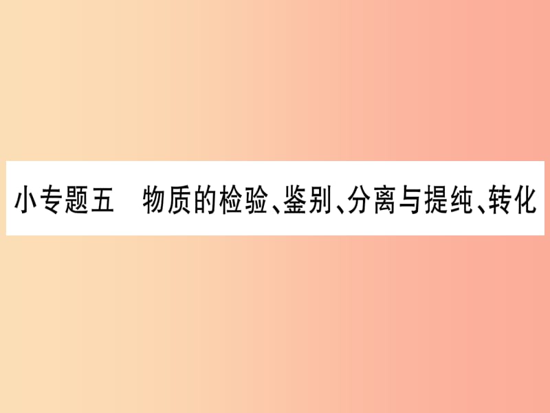 2019年秋九年级化学 小专题5 物质的检验、鉴别、分离与提纯、转化习题课件（新版）粤教版.ppt_第1页