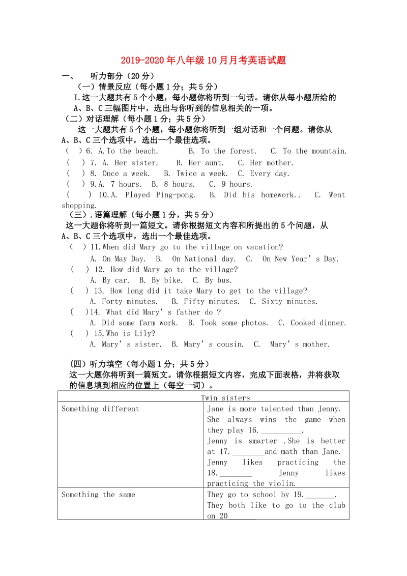 2019-2020年八年级10月月考英语试题.doc_第1页