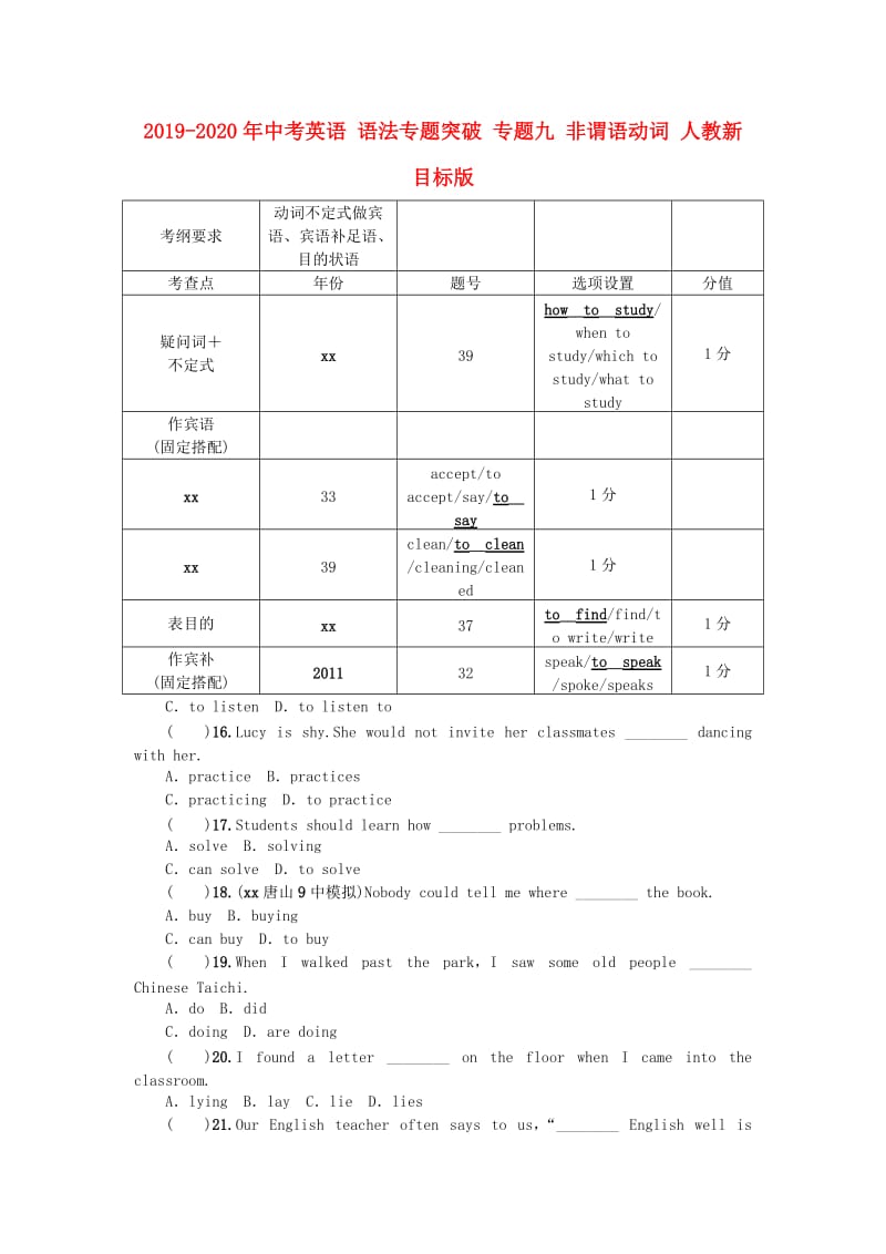 2019-2020年中考英语 语法专题突破 专题九 非谓语动词 人教新目标版.doc_第1页