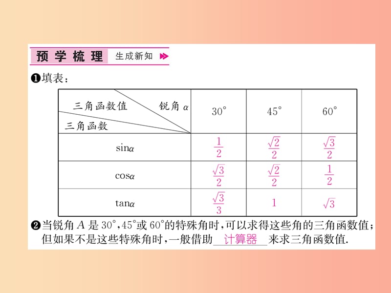 九年级数学下册第28章锐角三角函数28.1锐角三角函数第3课时特殊角的三角函数值和用计算器计算习题.ppt_第2页