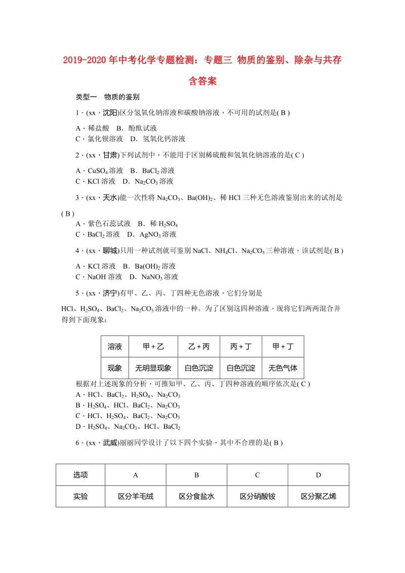 2019-2020年中考化学专题检测：专题三 物质的鉴别、除杂与共存 含答案.doc_第1页