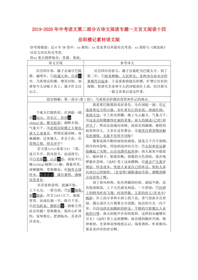 2019-2020年中考语文第二部分古诗文阅读专题一文言文阅读十四岳阳楼记素材语文版.doc_第1页