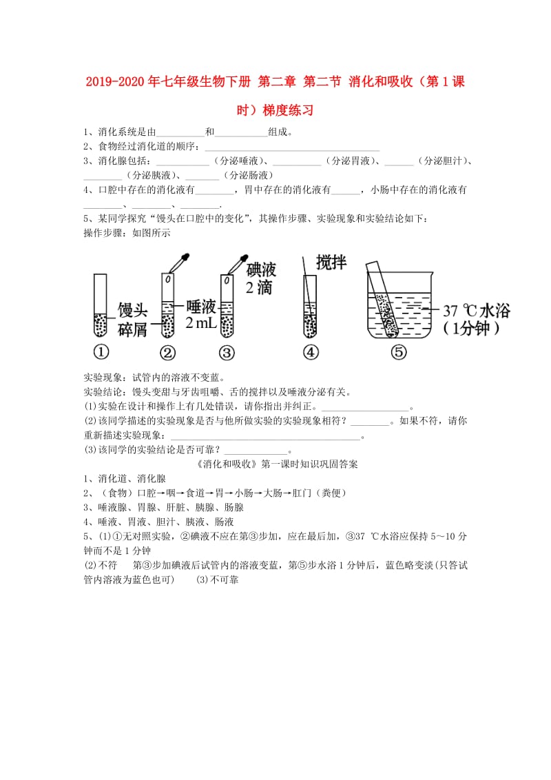 2019-2020年七年级生物下册 第二章 第二节 消化和吸收（第1课时）梯度练习.doc_第1页