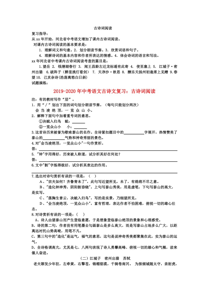 2019-2020年中考语文古诗文复习：古诗词阅读.doc_第1页