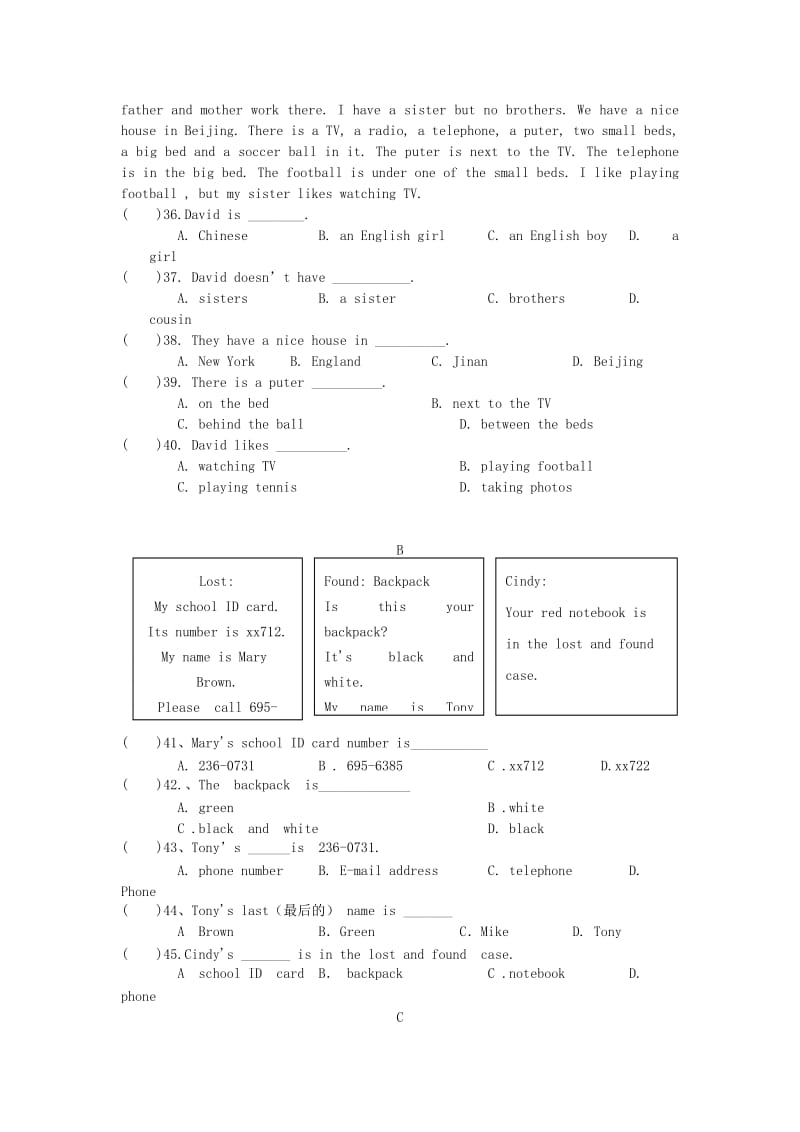 2019-2020年七年级10月月考（学情调研）英语试题.doc_第3页