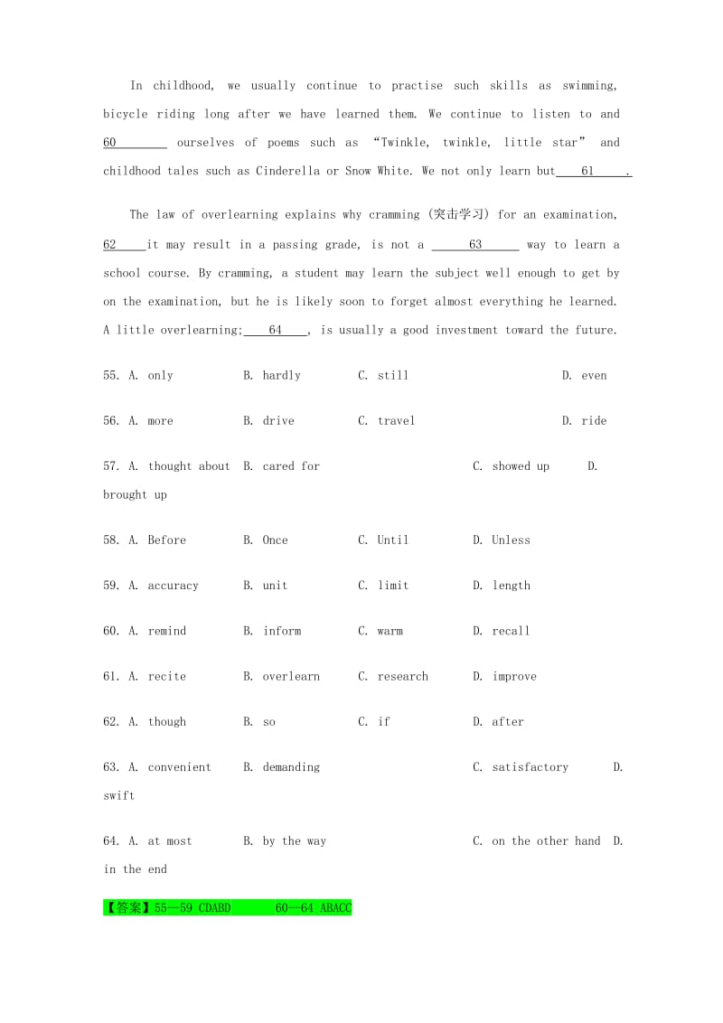 2019-2020年高考英语一轮复习 完形填空训练20.doc_第3页