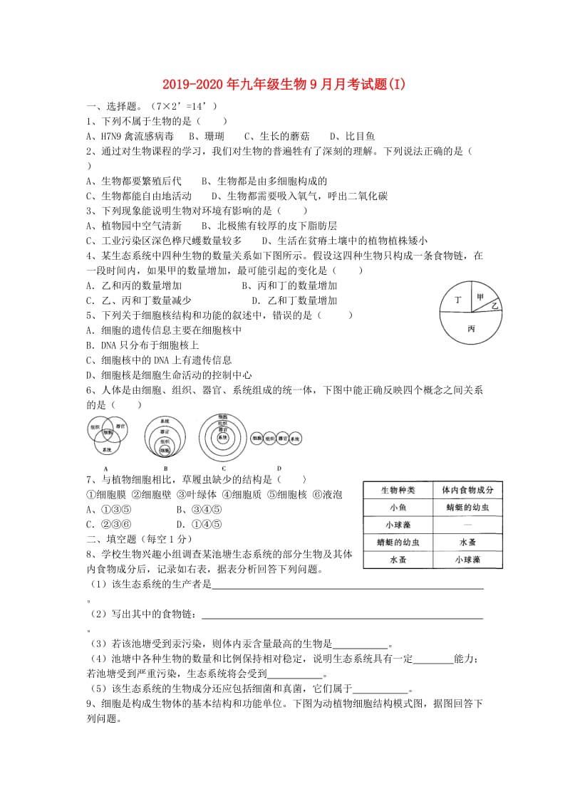 2019-2020年九年级生物9月月考试题(I).doc_第1页