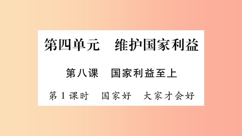 八年级道德与法治上册 第4单元 维护国家利益 第8课 国家利益至上 第1框 国家好 大家才会好习题 新人教版.ppt_第1页