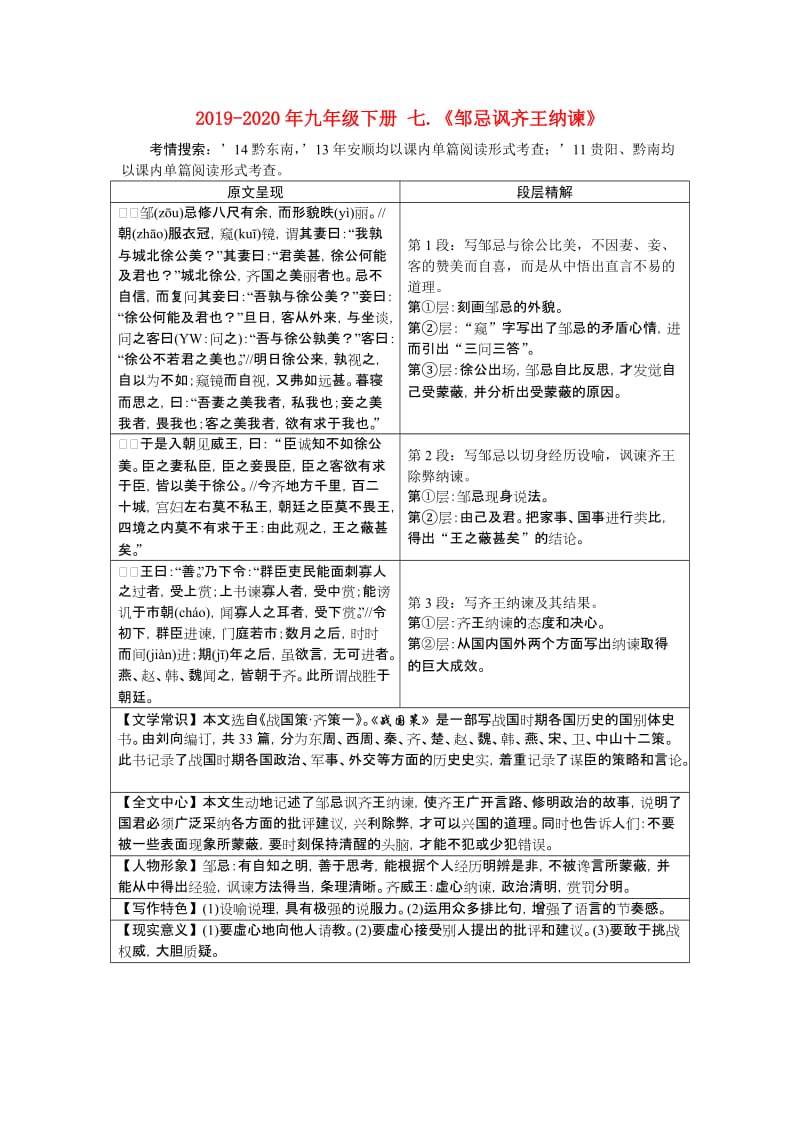 2019-2020年九年级下册 七.《邹忌讽齐王纳谏》.doc_第1页