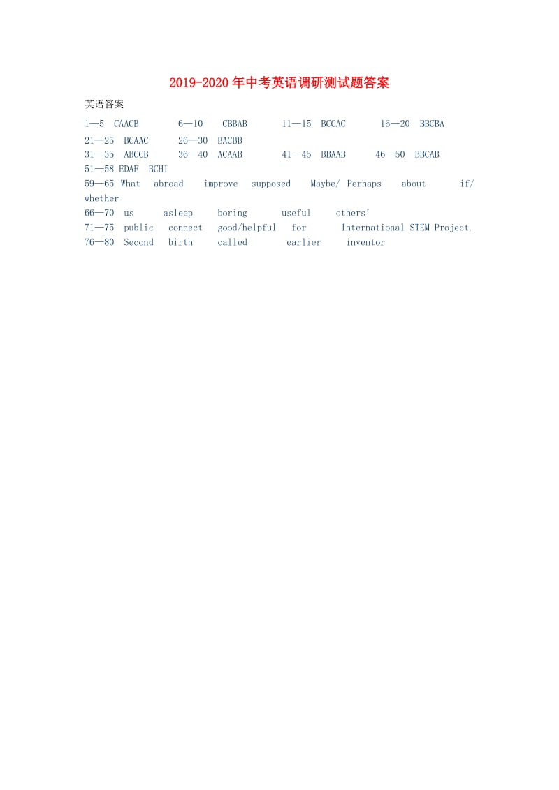 2019-2020年中考英语调研测试题答案.doc_第1页