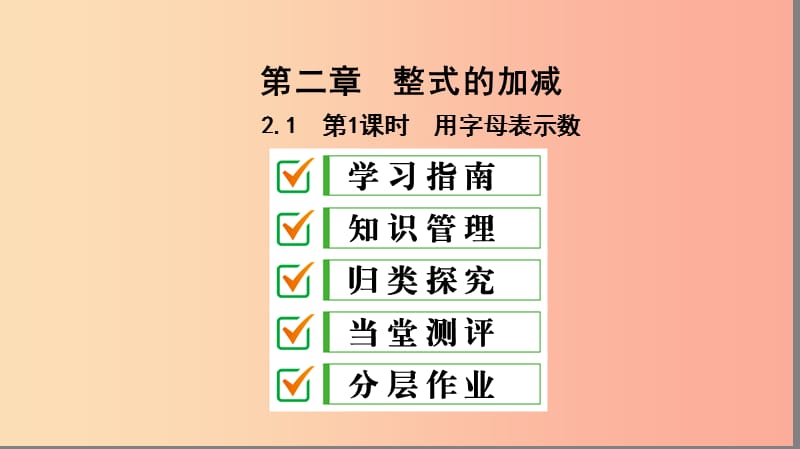 七年级数学上册 第二章 整式的加减 2.1 整式 第1课时 用字母表示数复习课件 新人教版.ppt_第1页