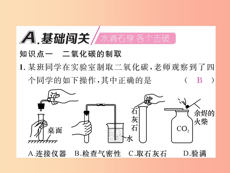 2019秋九年级化学上册 第6单元 碳和碳的氧化物 实验活动2 二氧化碳的实验室制取与性质作业课件 新人教版.ppt_第2页