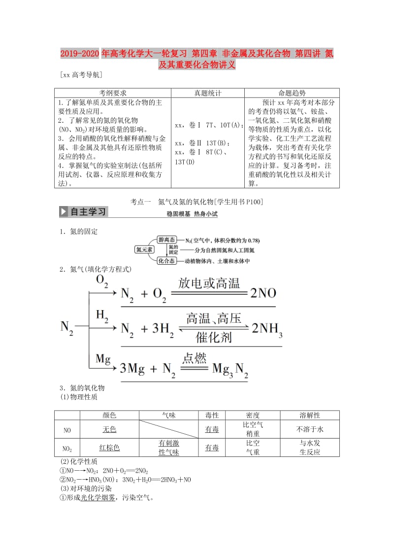 2019-2020年高考化学大一轮复习 第四章 非金属及其化合物 第四讲 氮及其重要化合物讲义.doc_第1页