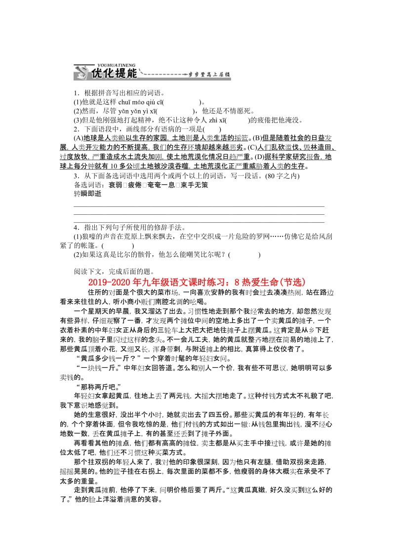 2019-2020年九年级语文课时练习：8热爱生命(节选).doc_第1页