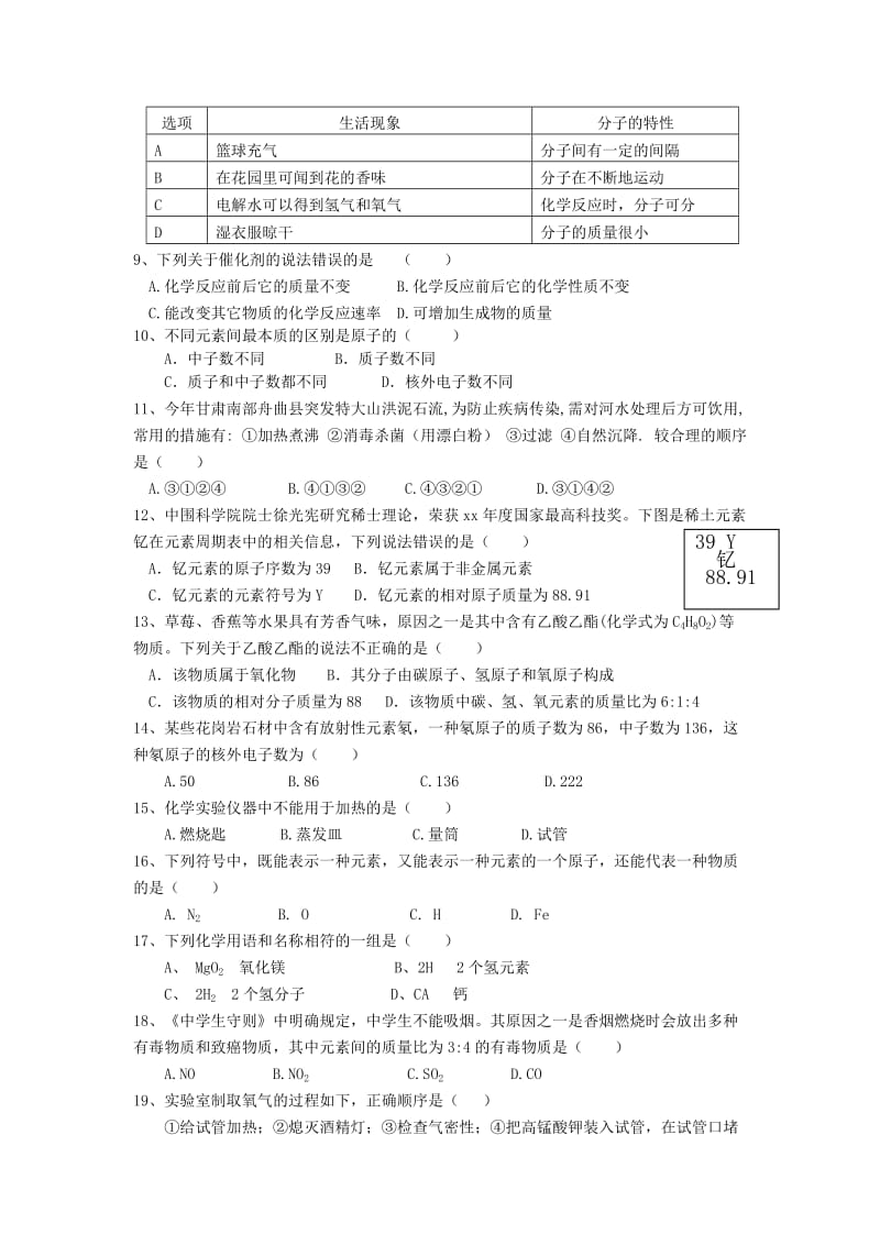 2019-2020年九年级上学期期中考试化学试题(I).doc_第2页