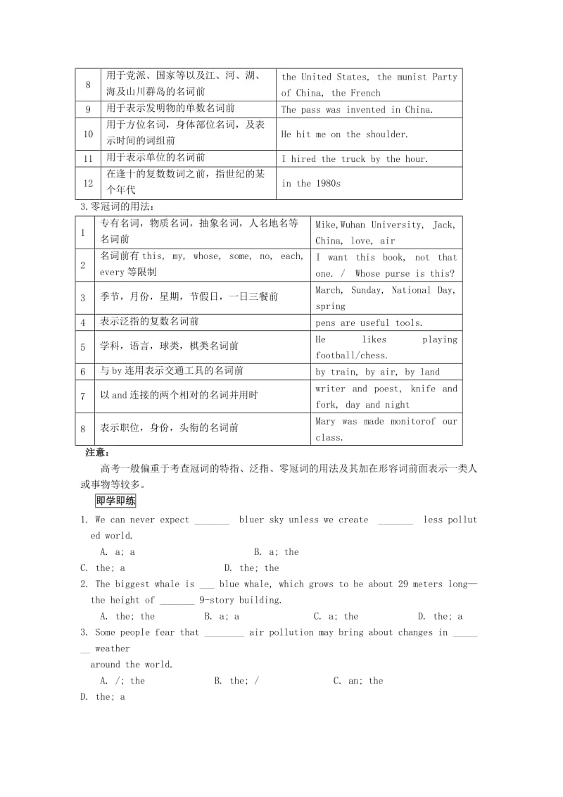 2019-2020年高考英语 基础知识练习 冠词的讲解与训练.doc_第2页