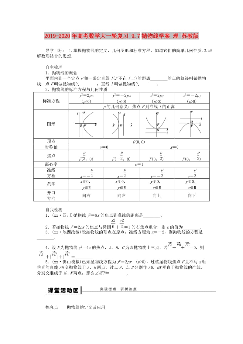 2019-2020年高考数学大一轮复习 9.7抛物线学案 理 苏教版.doc_第1页