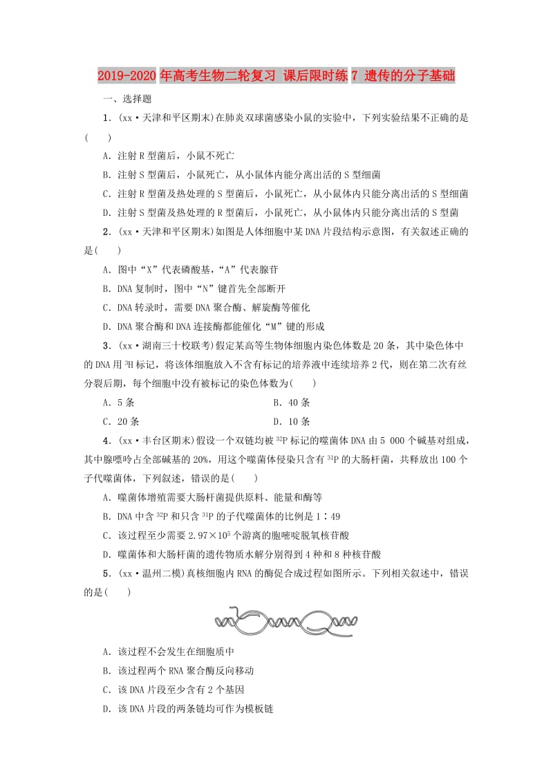 2019-2020年高考生物二轮复习 课后限时练7 遗传的分子基础.doc_第1页