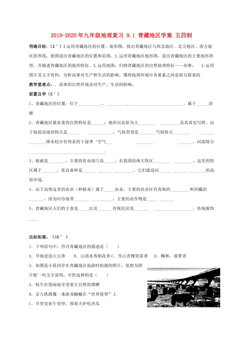 2019-2020年九年级地理复习 9.1 青藏地区学案 五四制.doc_第1页