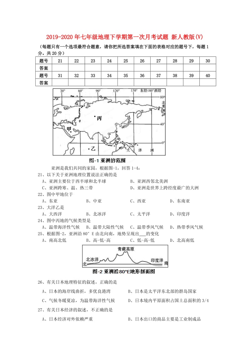 2019-2020年七年级地理下学期第一次月考试题 新人教版(V).doc_第1页