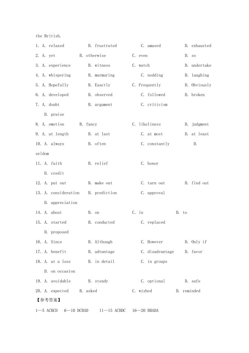 2019-2020年高考英语二轮复习 完形填空练习（2）.doc_第2页