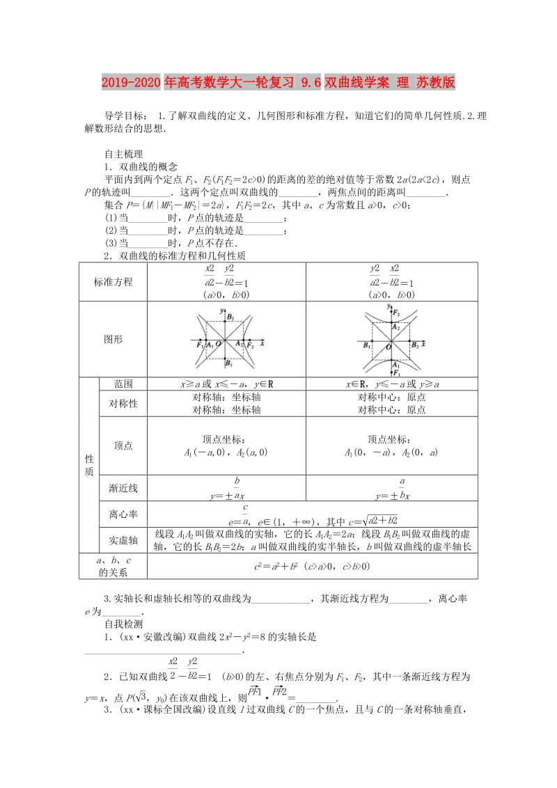 2019-2020年高考数学大一轮复习 9.6双曲线学案 理 苏教版.doc_第1页