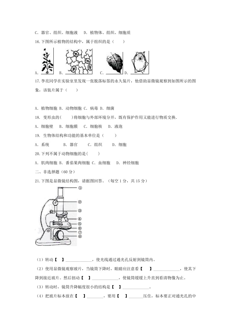 2019-2020年七年级生物上学期第二次月考试题新人教版(V).doc_第3页