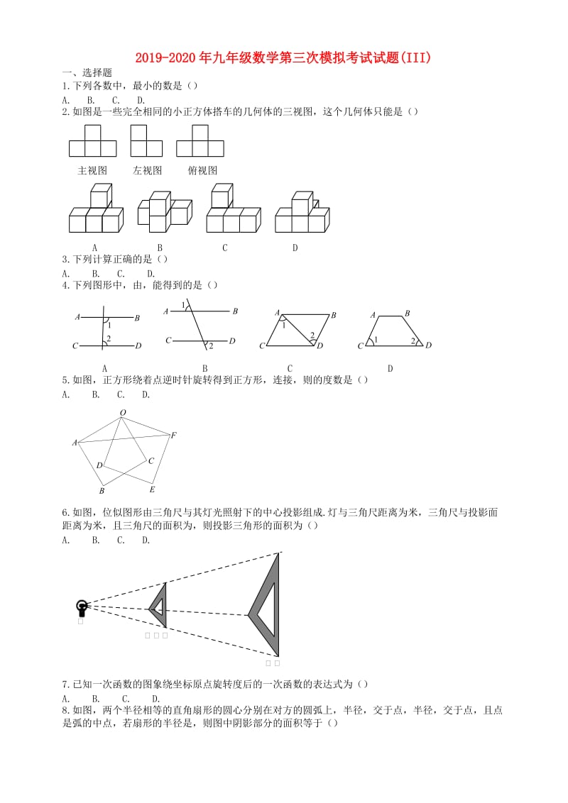 2019-2020年九年级数学第三次模拟考试试题(III).doc_第1页