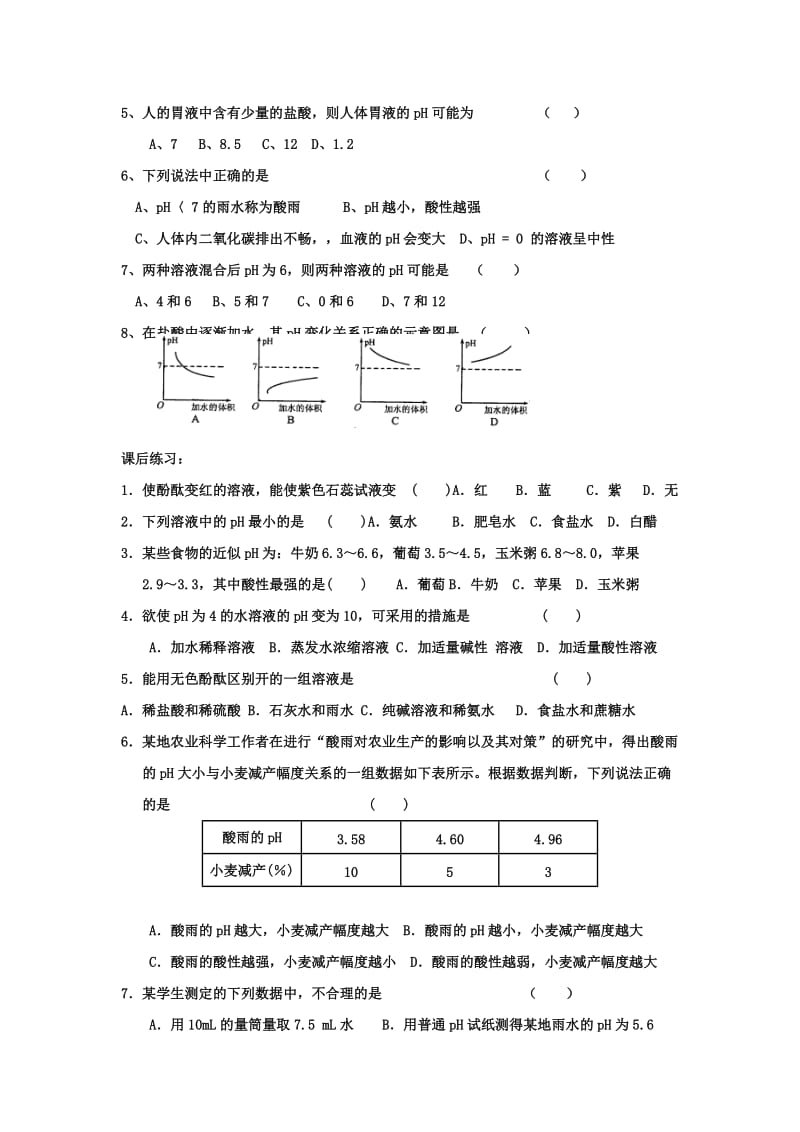 2019-2020年九年级全册化学《第七章 第一节 溶液的酸碱性》课堂练习2.doc_第2页