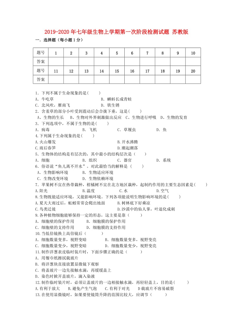 2019-2020年七年级生物上学期第一次阶段检测试题 苏教版.doc_第1页