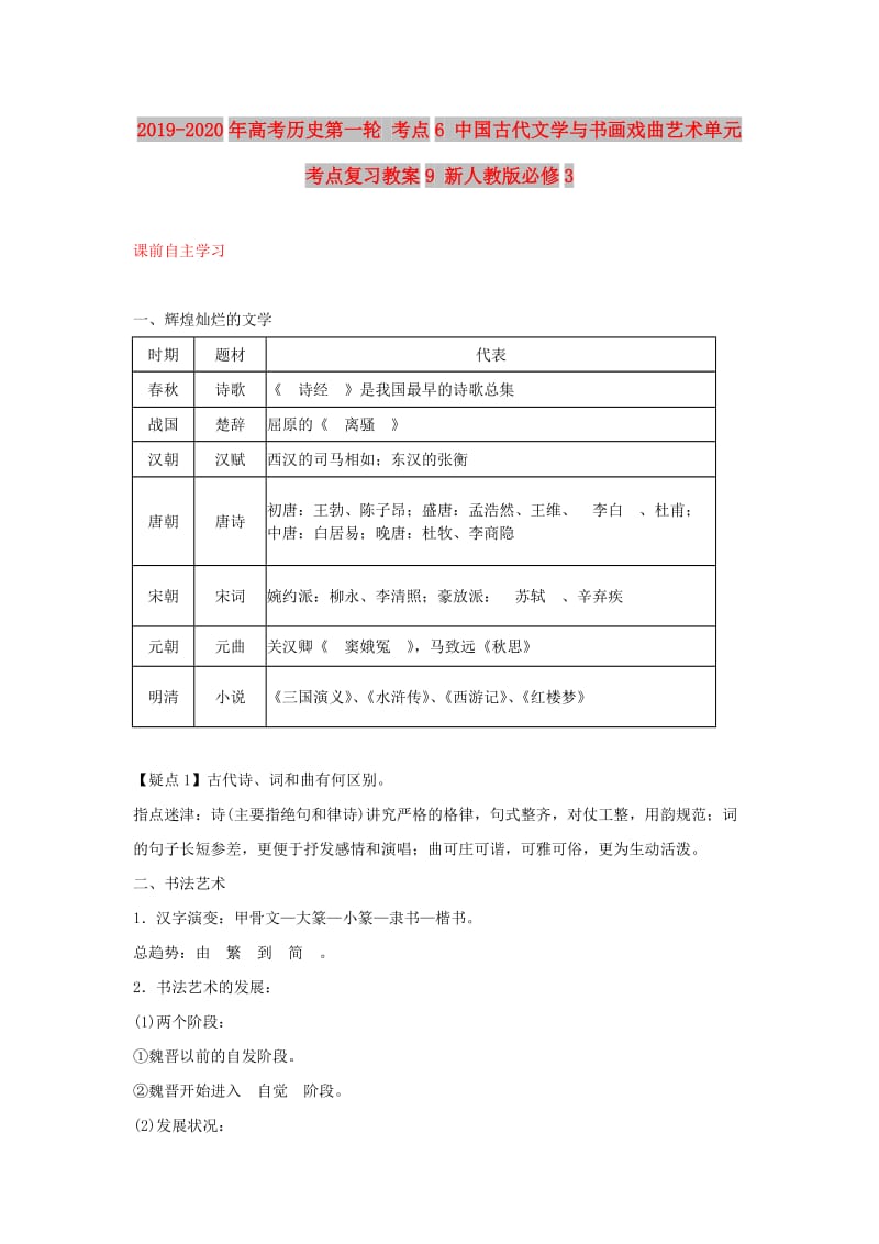 2019-2020年高考历史第一轮 考点6 中国古代文学与书画戏曲艺术单元考点复习教案9 新人教版必修3.doc_第1页