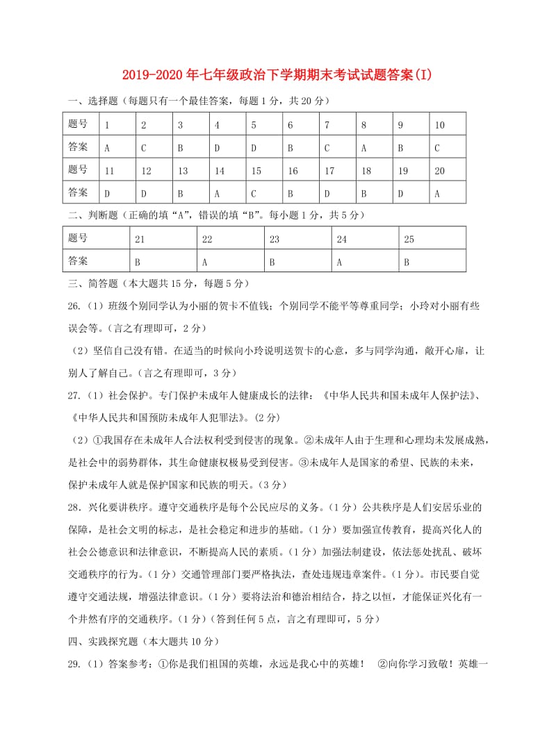 2019-2020年七年级政治下学期期末考试试题答案(I).doc_第1页