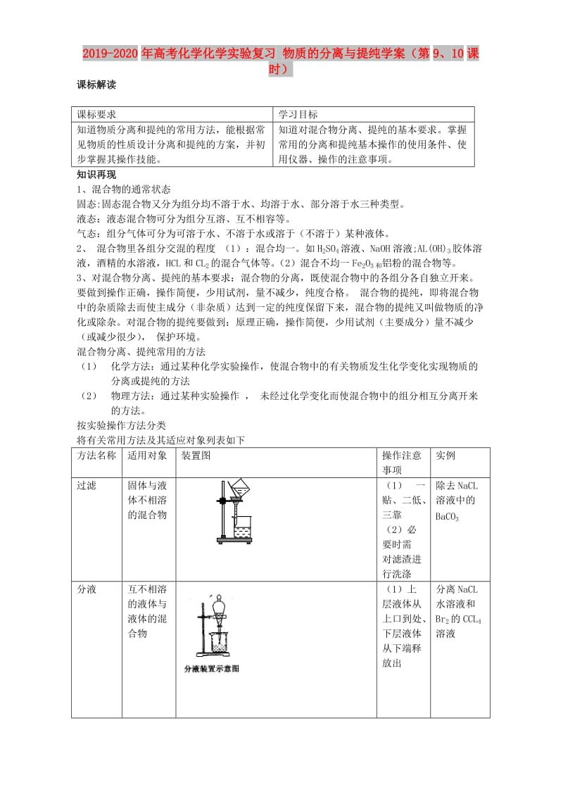 2019-2020年高考化学化学实验复习 物质的分离与提纯学案（第9、10课时）.doc_第1页