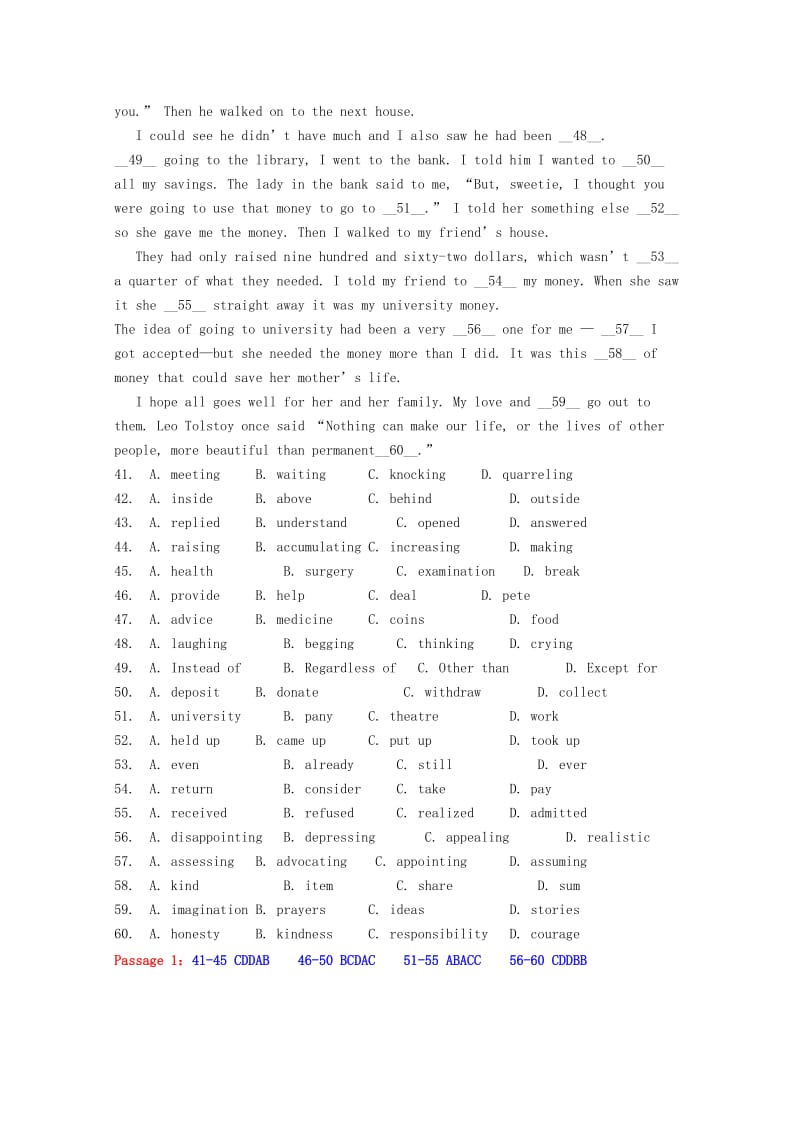 2019-2020年高考英语二轮复习 完形填空精练（4）.doc_第3页