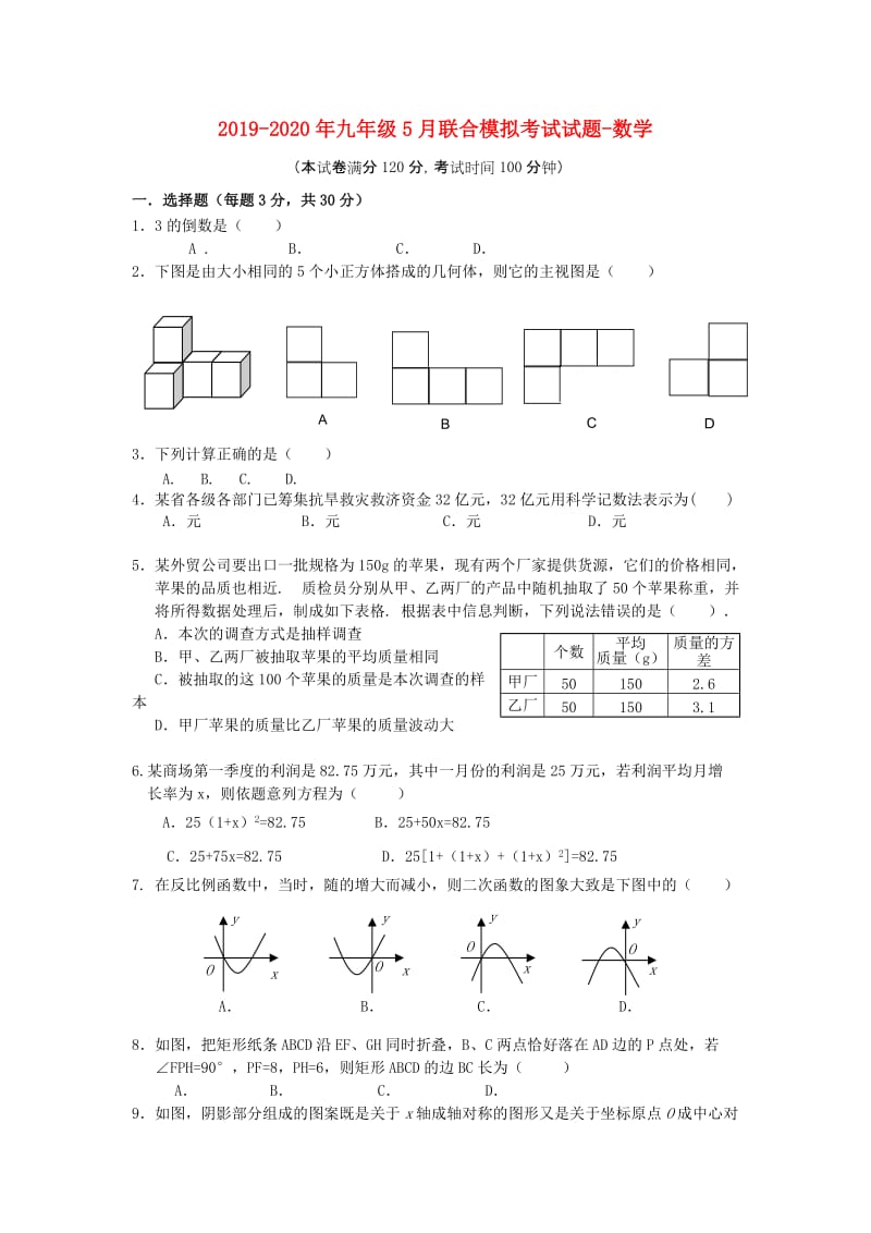 2019-2020年九年级5月联合模拟考试试题-数学.doc_第1页