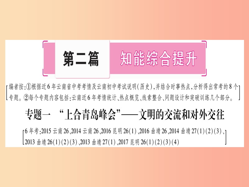 2019年中考历史准点备考 板块六 知能综合提升 专题一“上合青岛峰会”—文明的交流和对外交往课件 新人教版.ppt_第1页