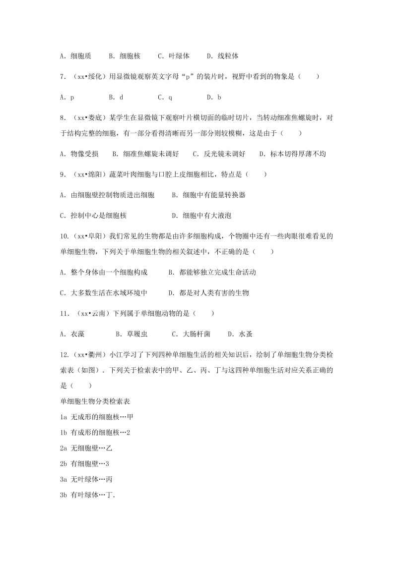 2019-2020年中考生物复习 第二单元 第一节 细胞是生命活动的基本单位特色训练.doc_第2页