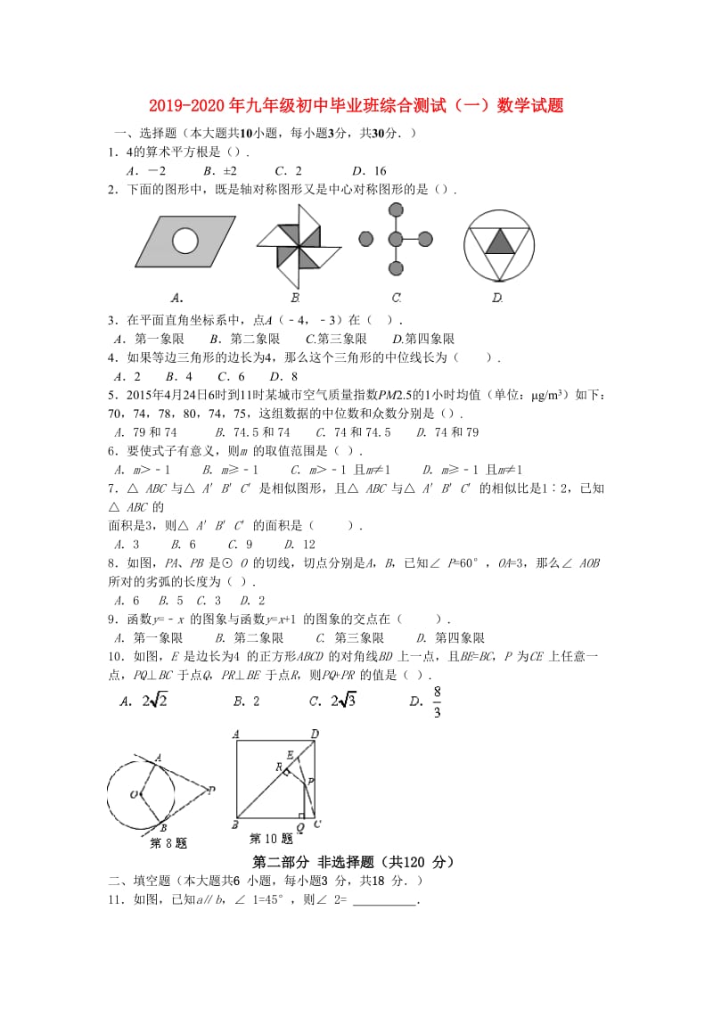 2019-2020年九年级初中毕业班综合测试（一）数学试题.doc_第1页