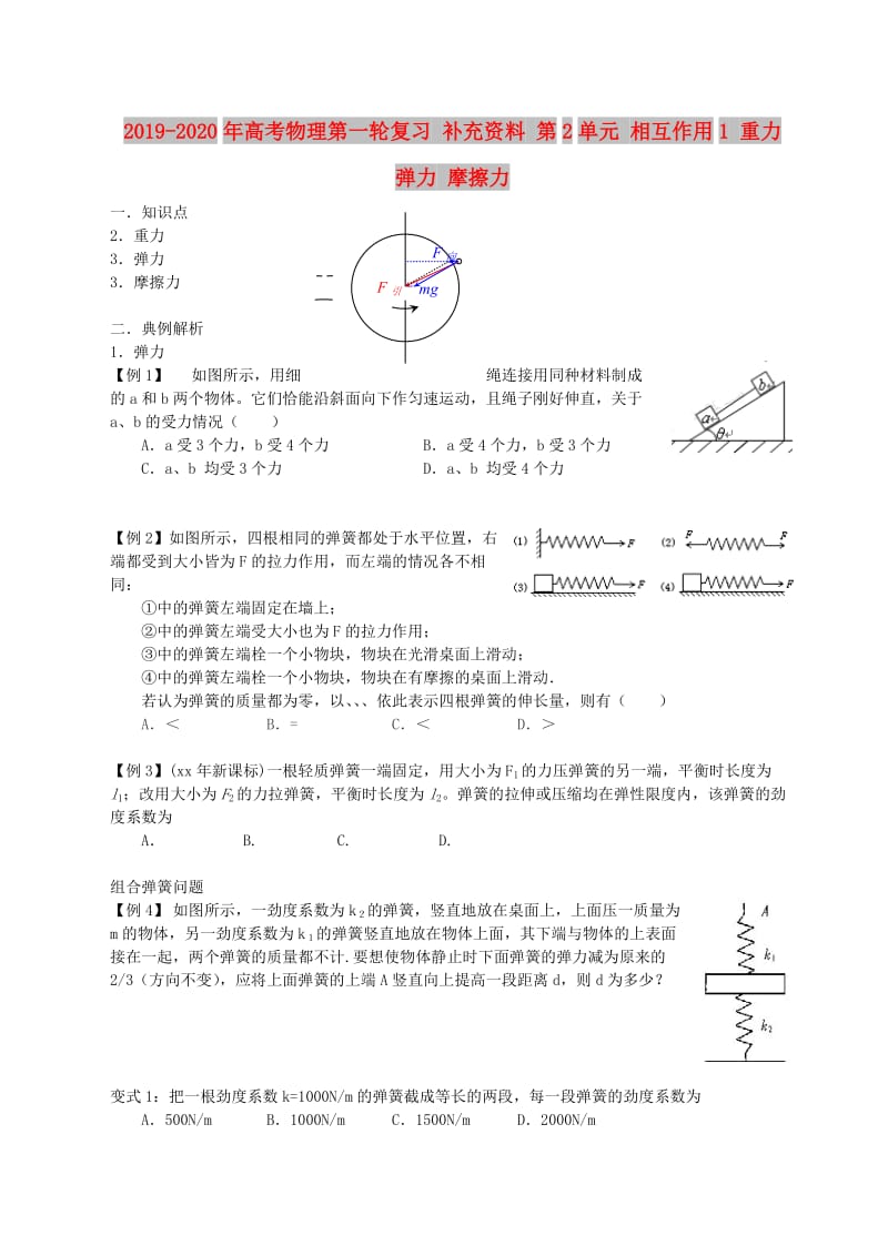 2019-2020年高考物理第一轮复习 补充资料 第2单元 相互作用1 重力 弹力 摩擦力.doc_第1页