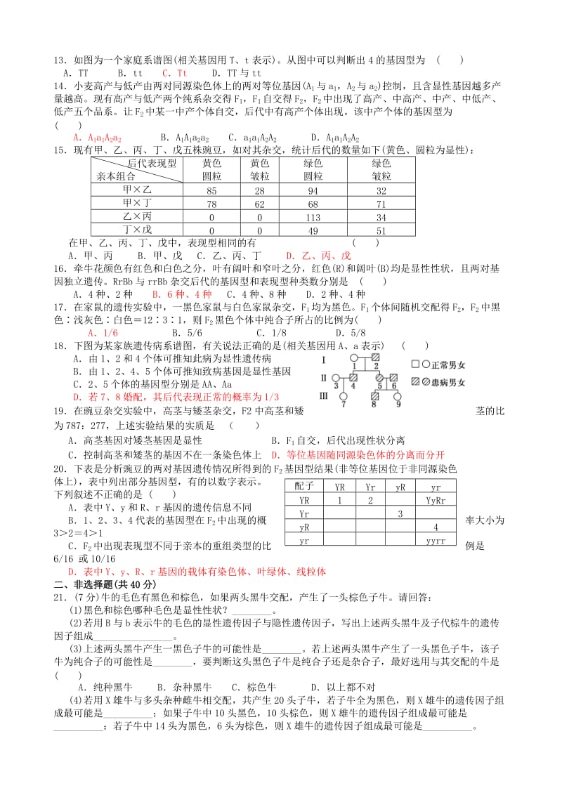 2019-2020年高考生物一轮复习《第一章 遗传因子的发现》单元综合测试 新人教版必修2.doc_第2页