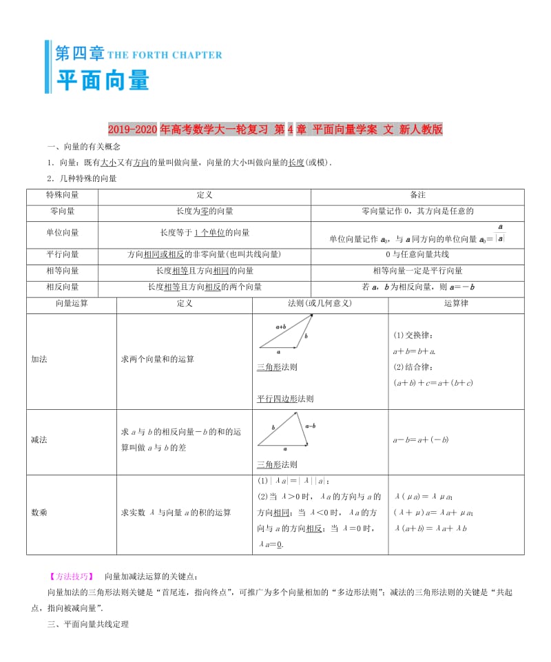 2019-2020年高考数学大一轮复习 第4章 平面向量学案 文 新人教版.doc_第1页